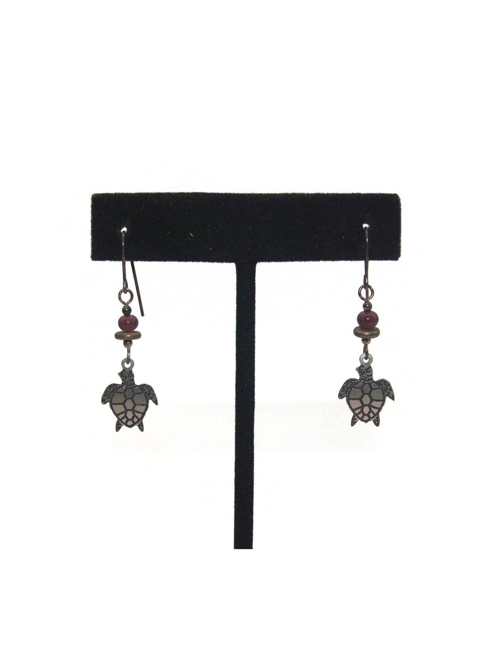 Cute Vintage Silver Tone, Brass and Purple Beaded Turtle Dangle Earrings.